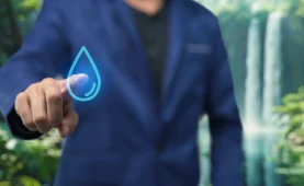 Hombre tocando el holograma de una gota